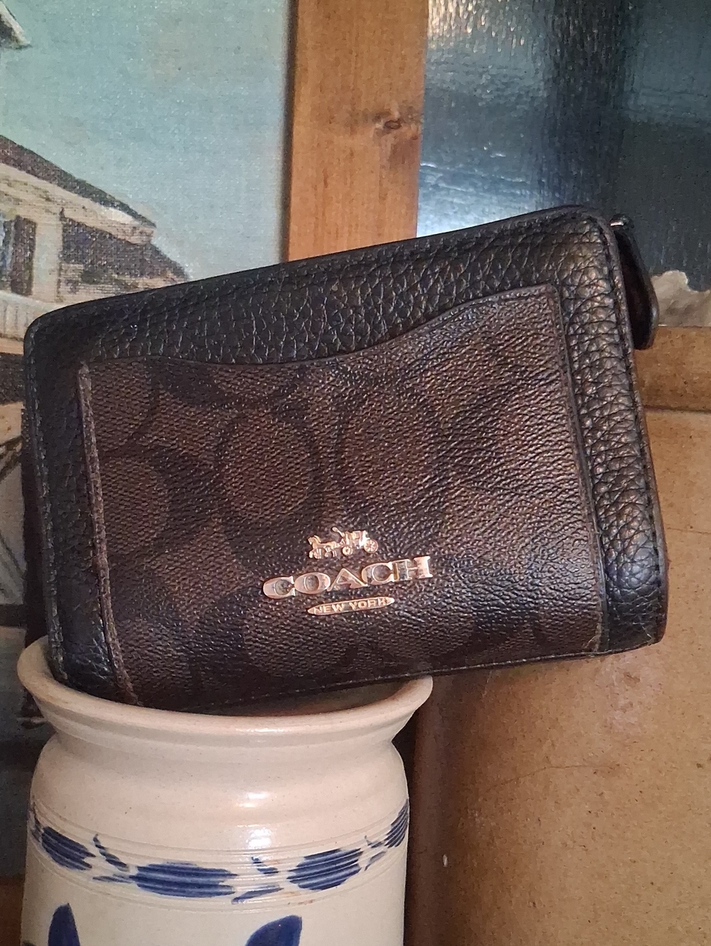 Coach Brown Signature Zip Card Wallet with Gold Logo